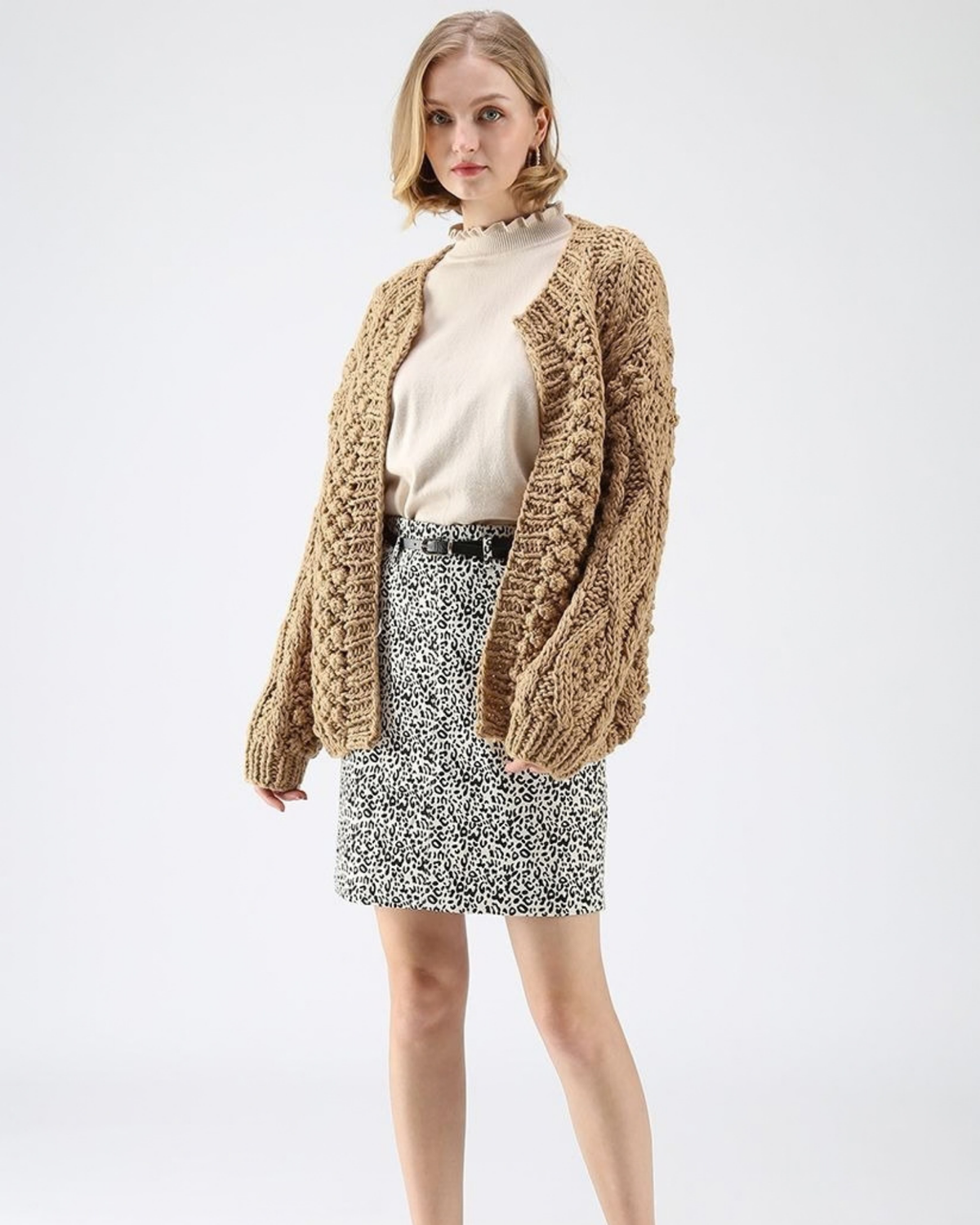Women's Camel Cable and Popcorn Crochet Open-Front Cardigan