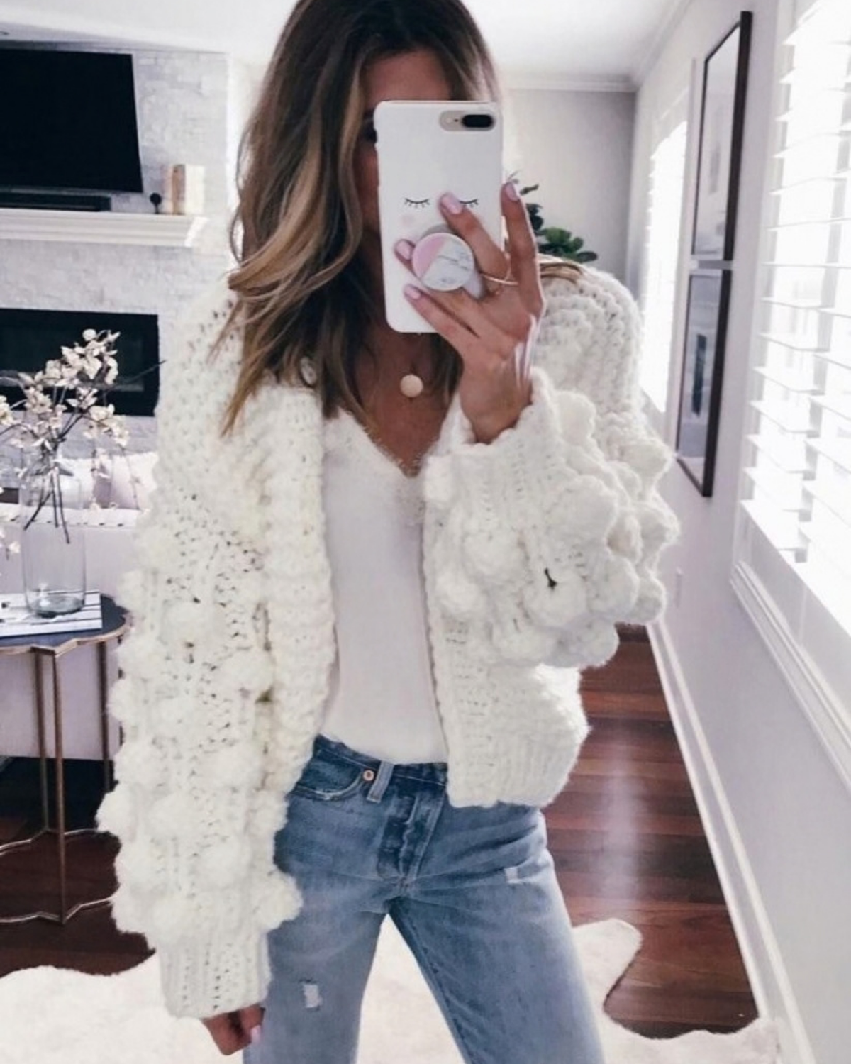 Women's Cream Bobble Sleeve Chunky Crochet Cardigan