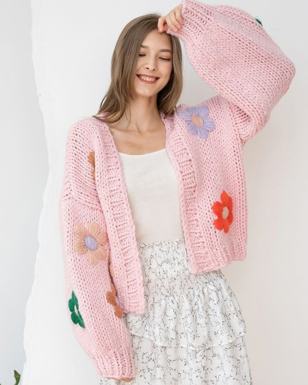 Women's Pink Floral Appliqué Chunky Crochet Cardigan