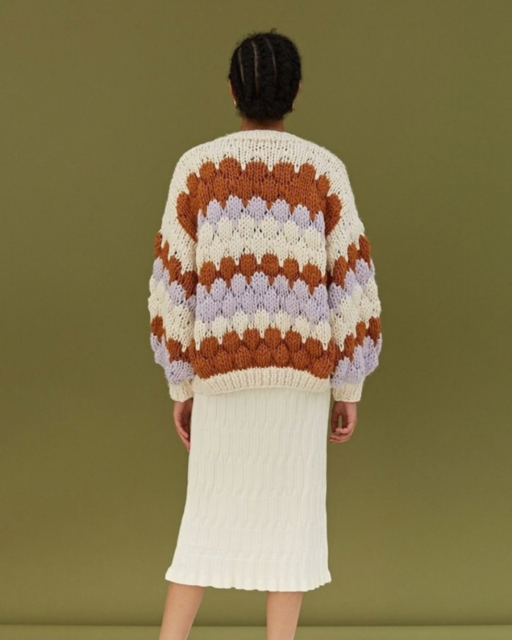 Women's Cream, Rust and Lavender Striped Crochet V-Neck Button Cardigan