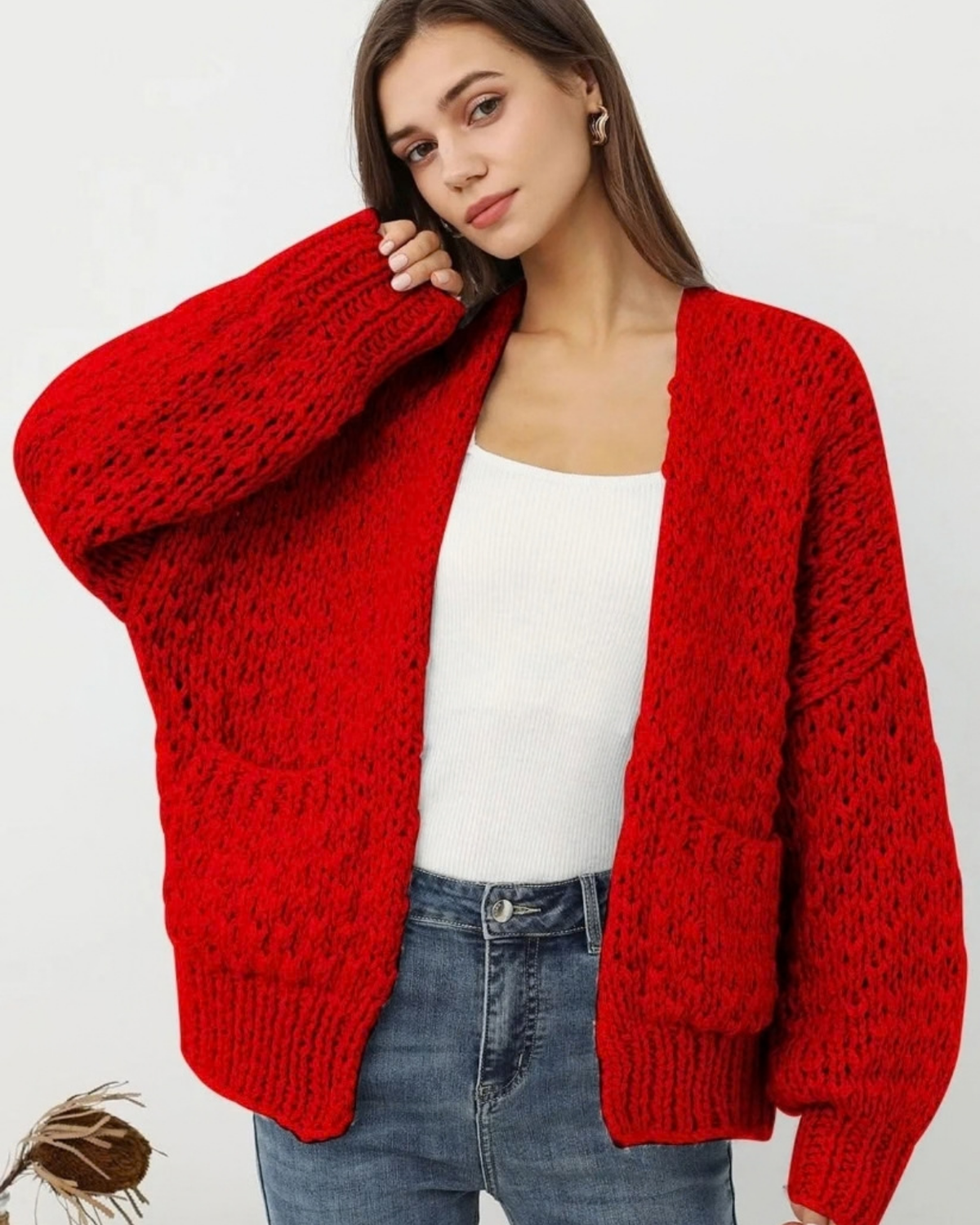 Women's Red Chunky Crochet Open-Front Cardigan with Pockets