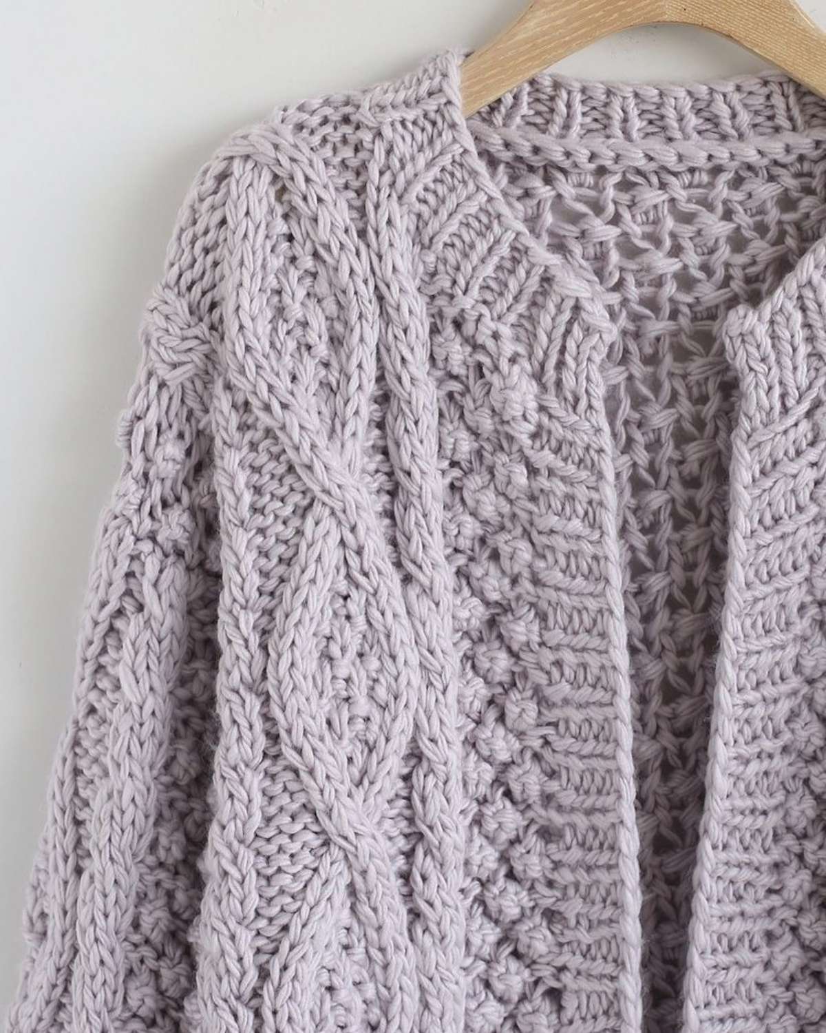 Women's Lilac Cable and Popcorn Crochet Open-Front Cardigan