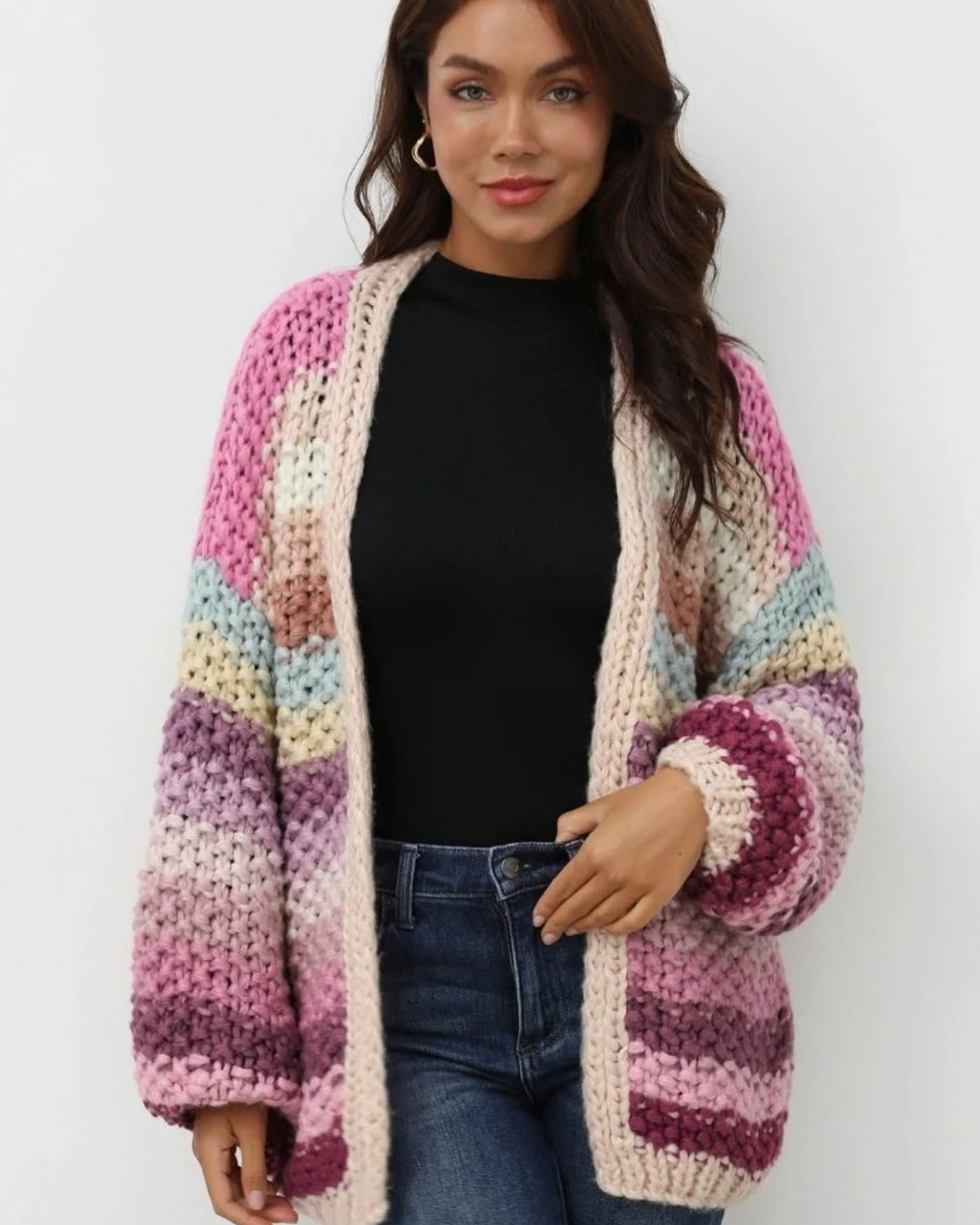 Women's Multicolor Striped Open-Front Crochet Cardigan