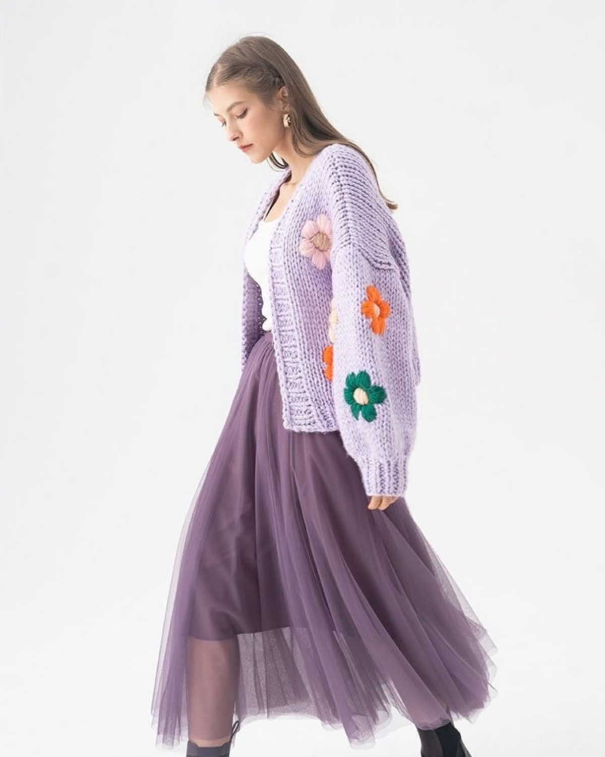 Women's Lilac Floral Appliqué Chunky Crochet Cardigan