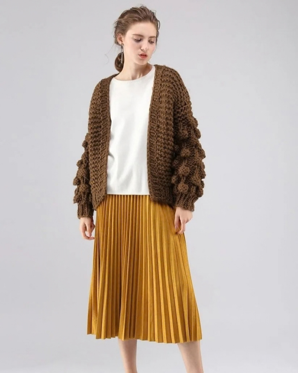 Women's Brown Bobble Sleeve Chunky Crochet Cardigan