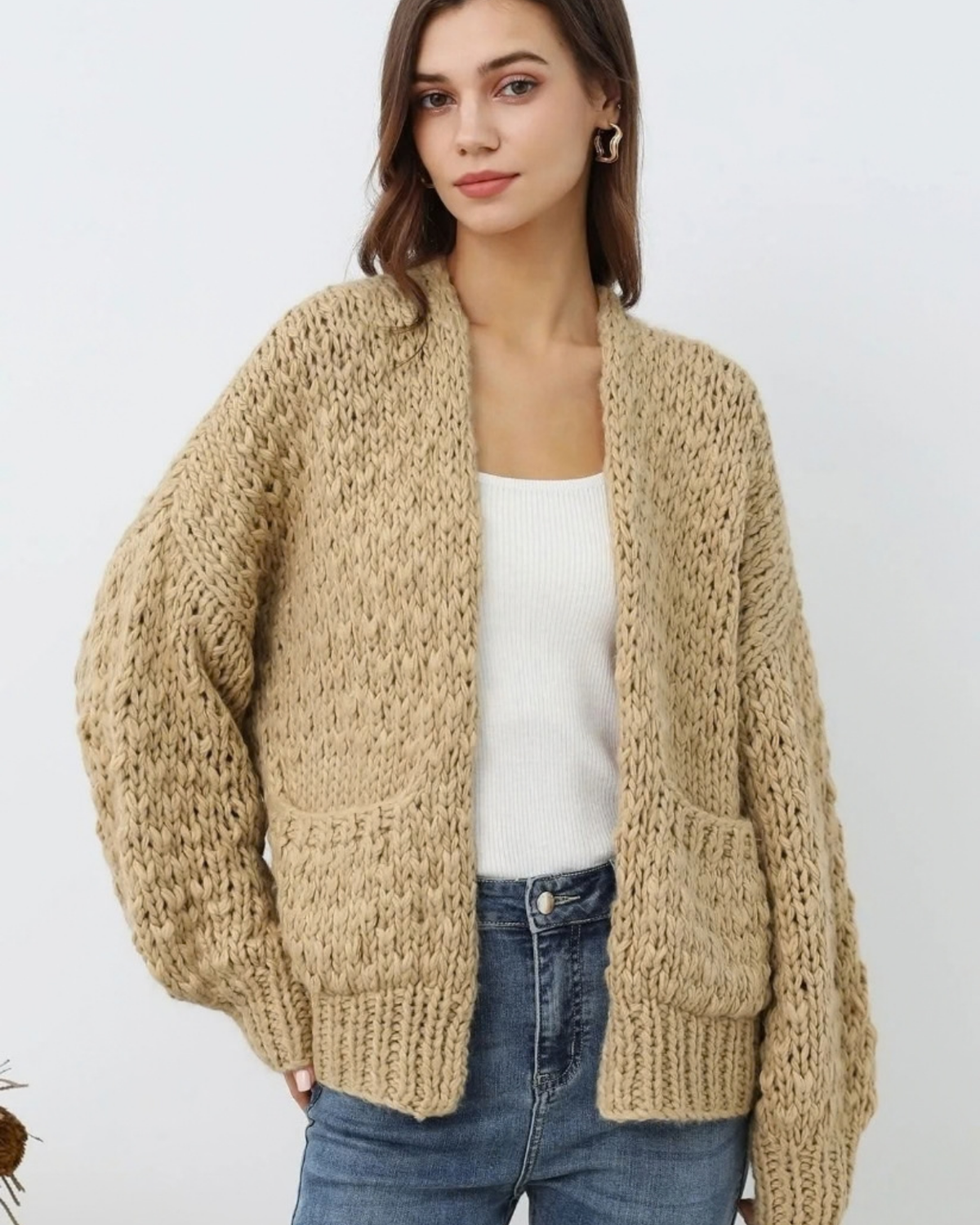 Women's Sand Beige Textured Crochet Cardigan with Pockets