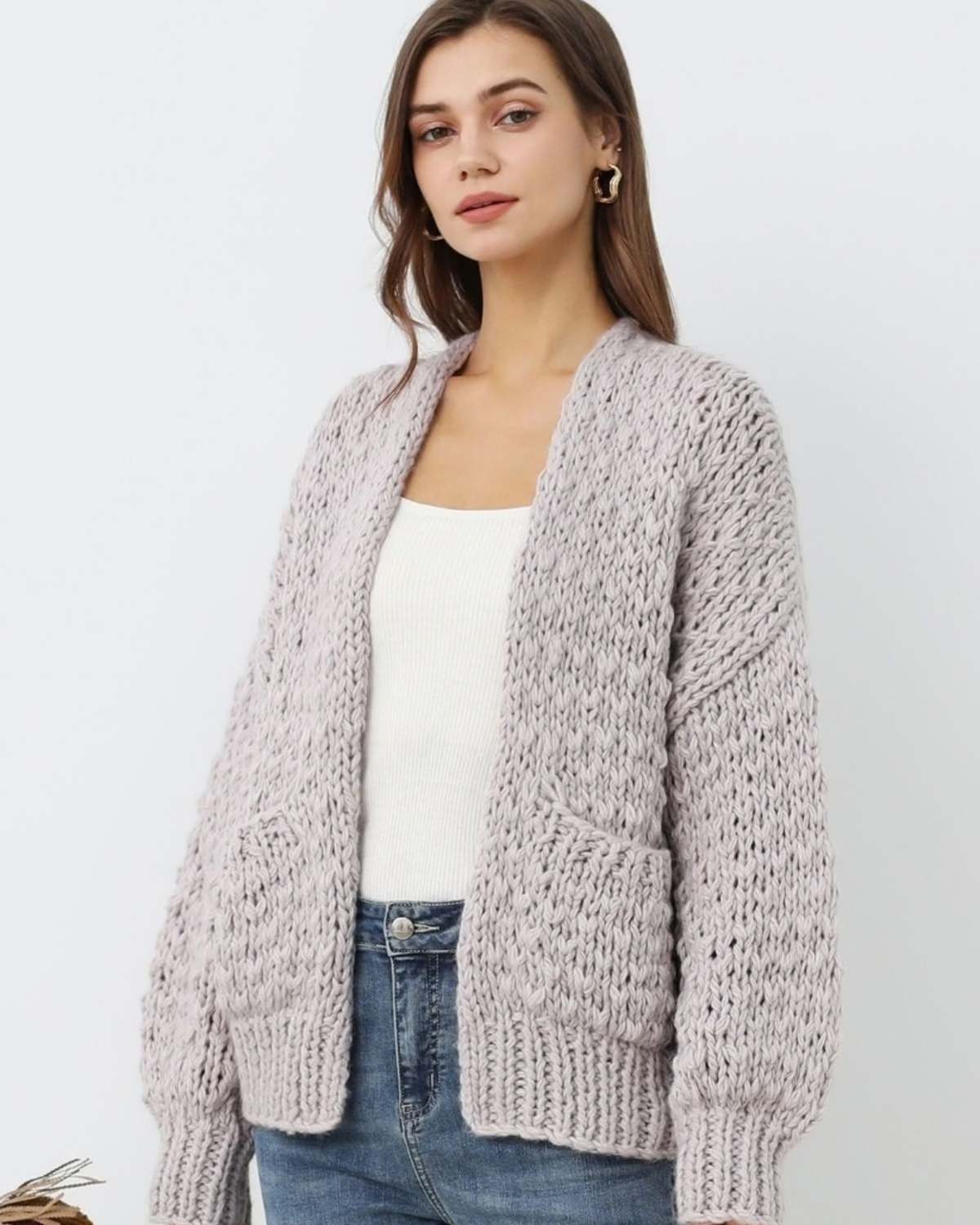 Women's Lilac Textured Crochet V-Neck Cardigan with Pockets