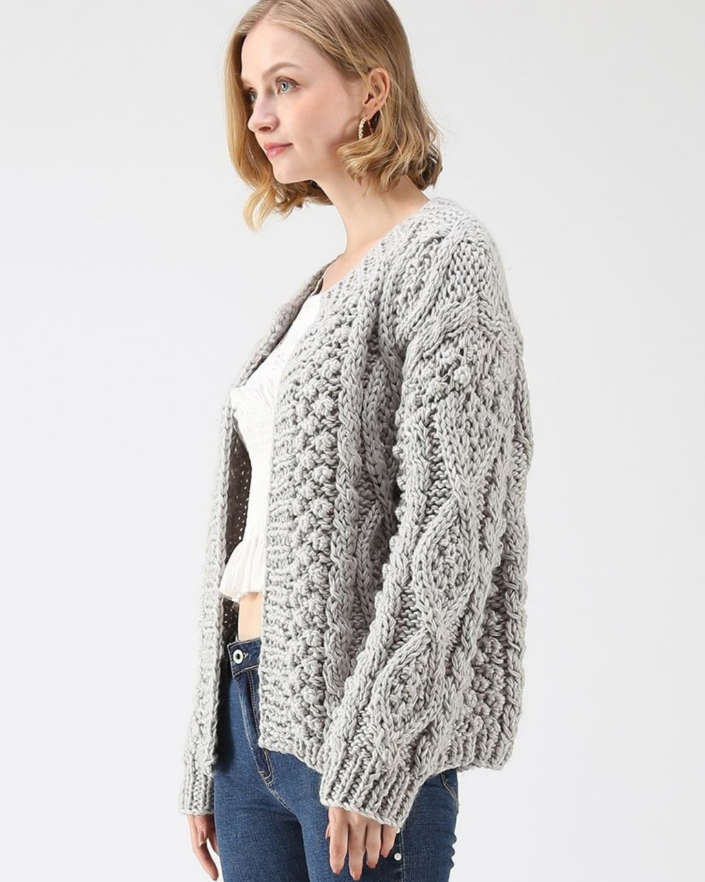 Women's Grey Cable and Popcorn Crochet Open-Front Cardigan