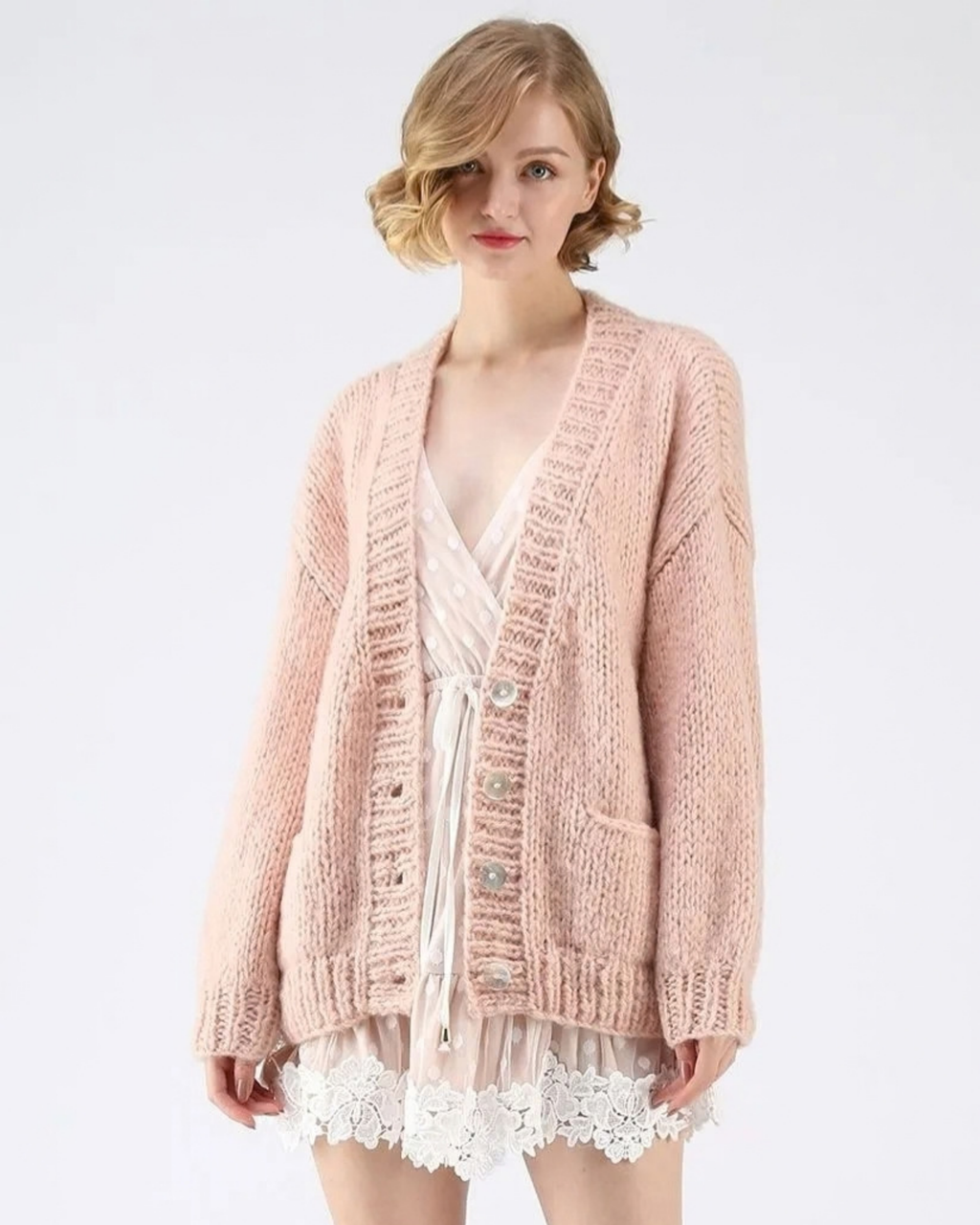 Women's Blush Pink V-Neck Button Crochet Cardigan with Pockets