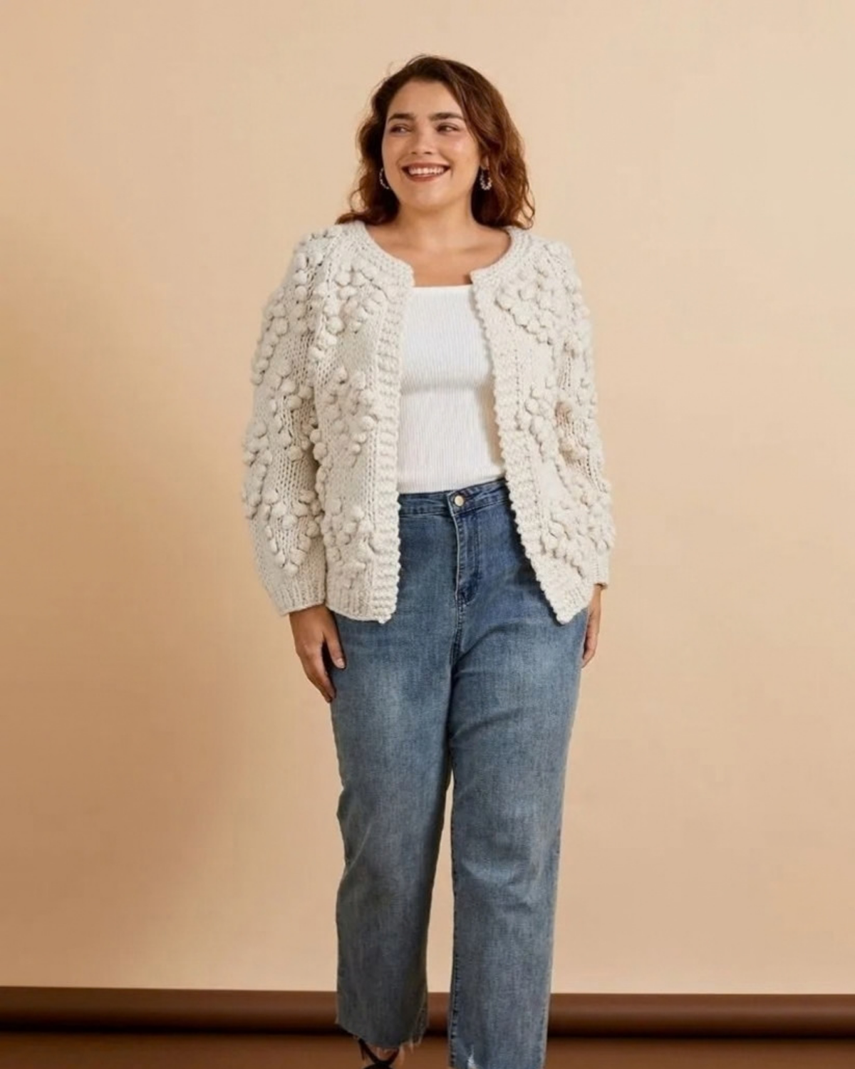 Women's Cream Heart Pattern Bobble Crochet Cardigan