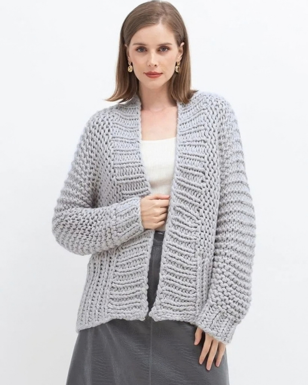 Women's Light Grey Chunky Crochet Open-Front Cardigan with Pockets