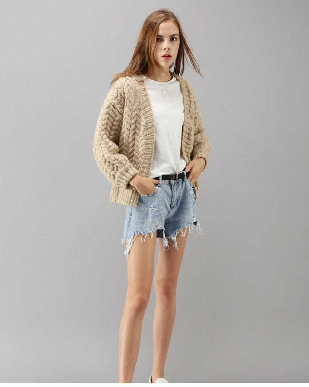 Women's Taupe Cable Crochet Open-Front Cardigan