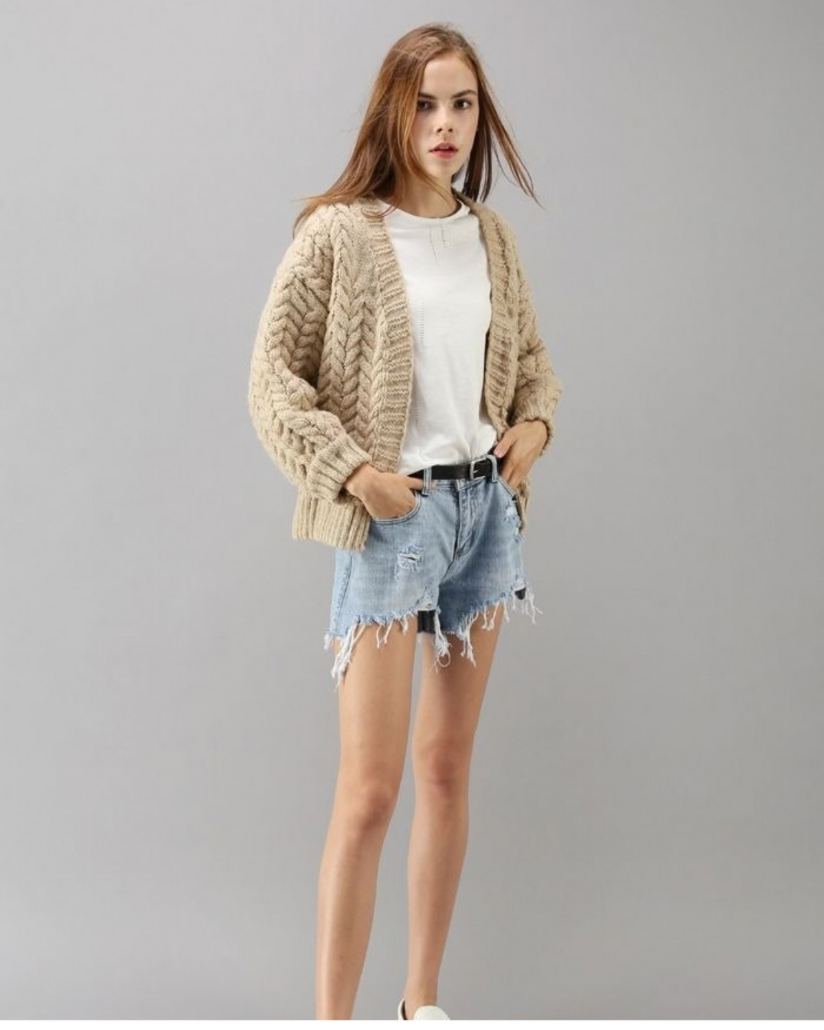 Women's Taupe Cable Crochet Open-Front Cardigan