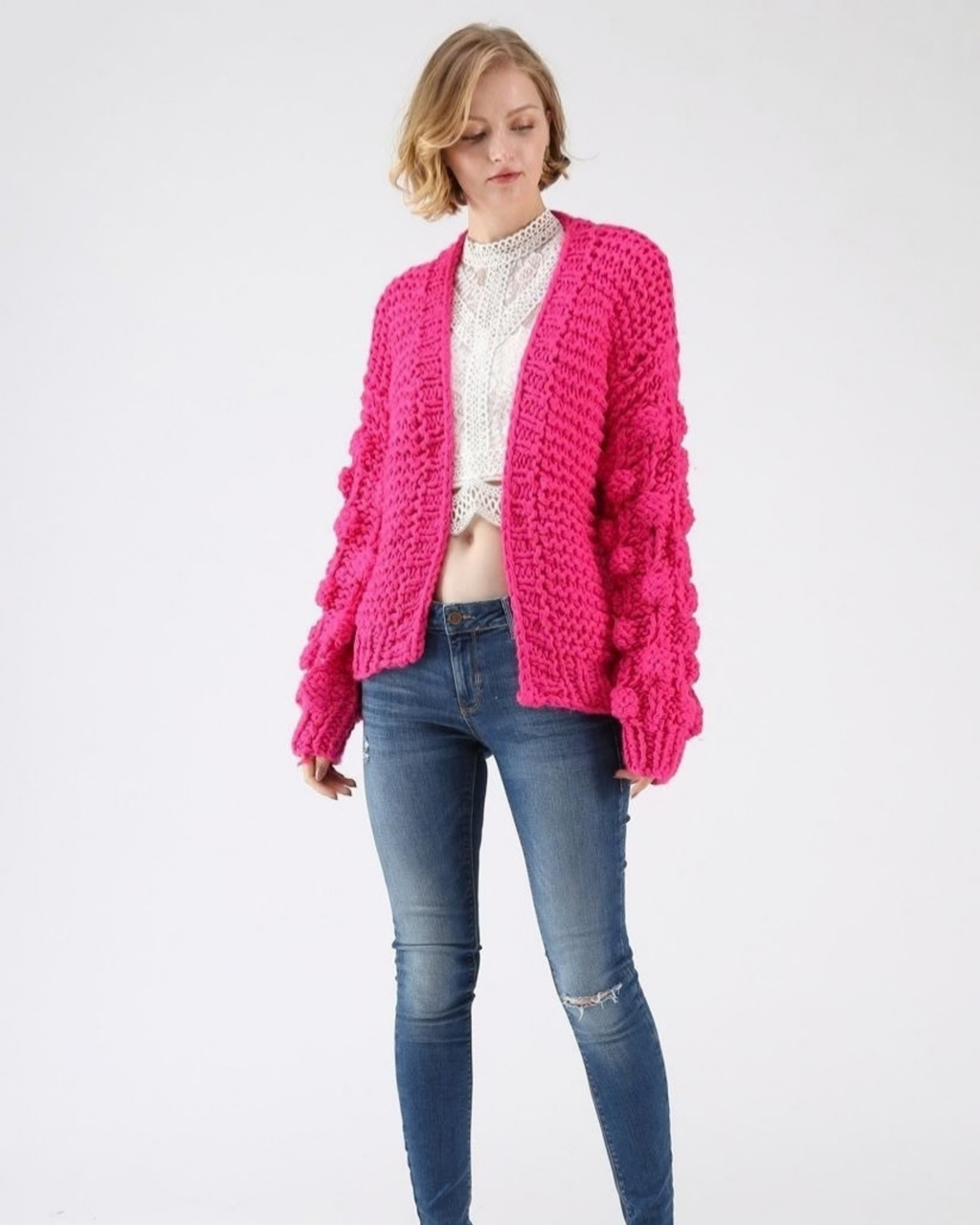 Women's Hot Pink Bobble Sleeve Chunky Crochet Cardigan