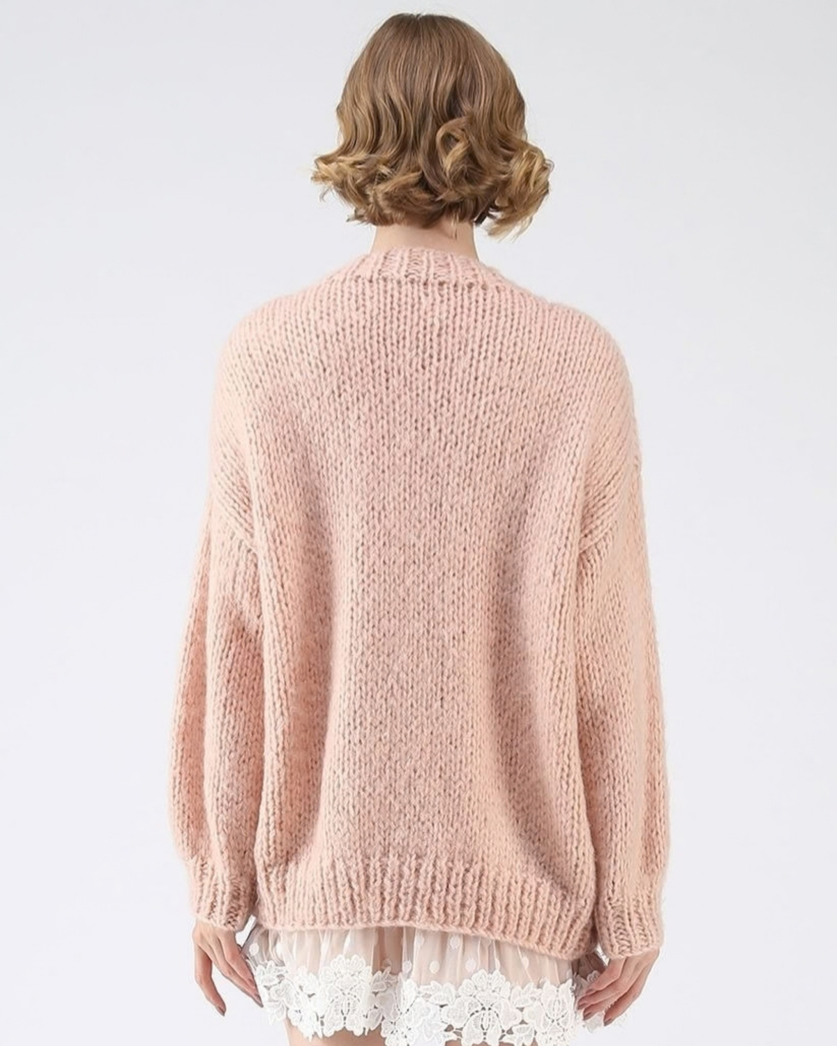 Women's Blush Pink V-Neck Button Crochet Cardigan with Pockets