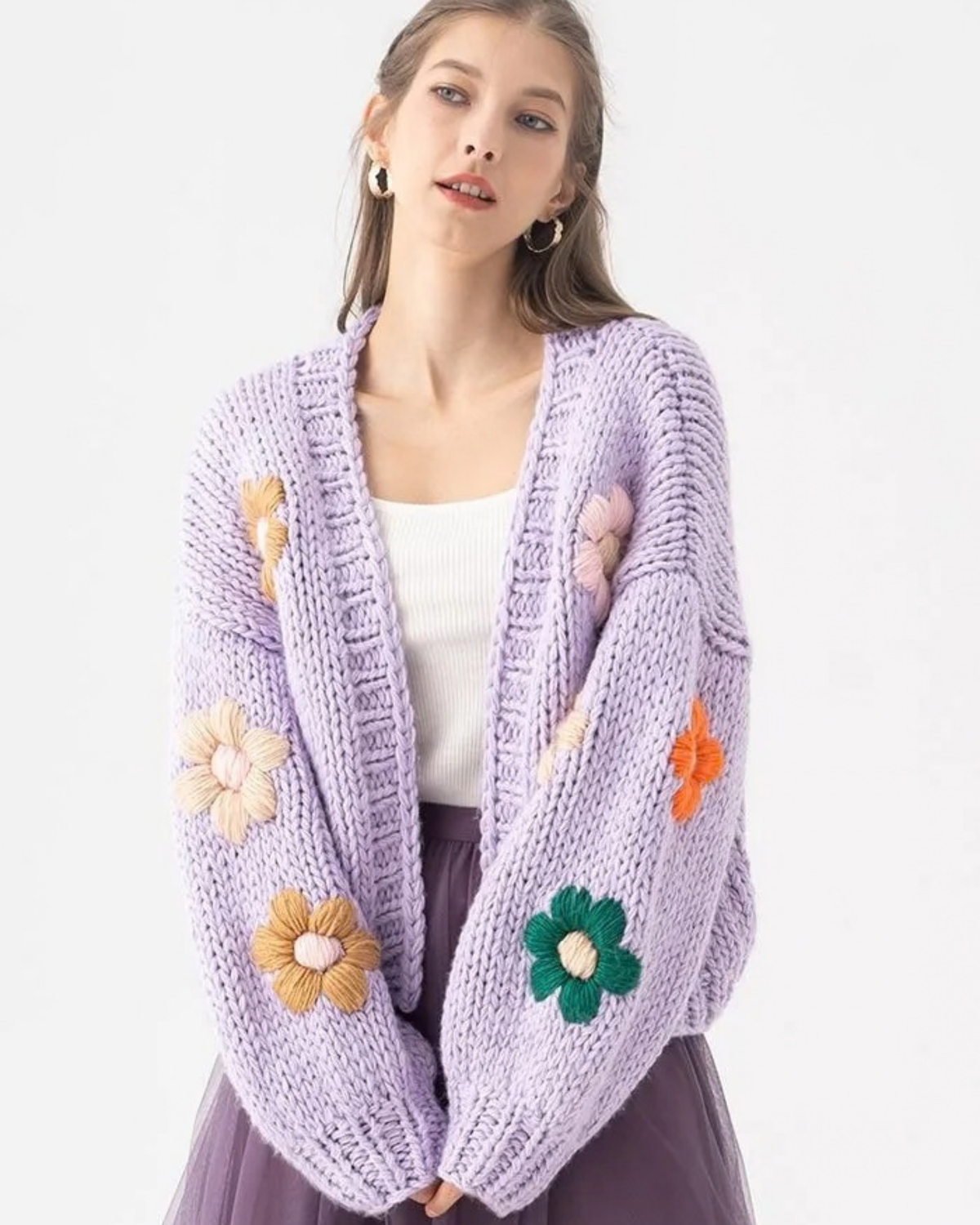 Women's Lilac Floral Appliqué Chunky Crochet Cardigan