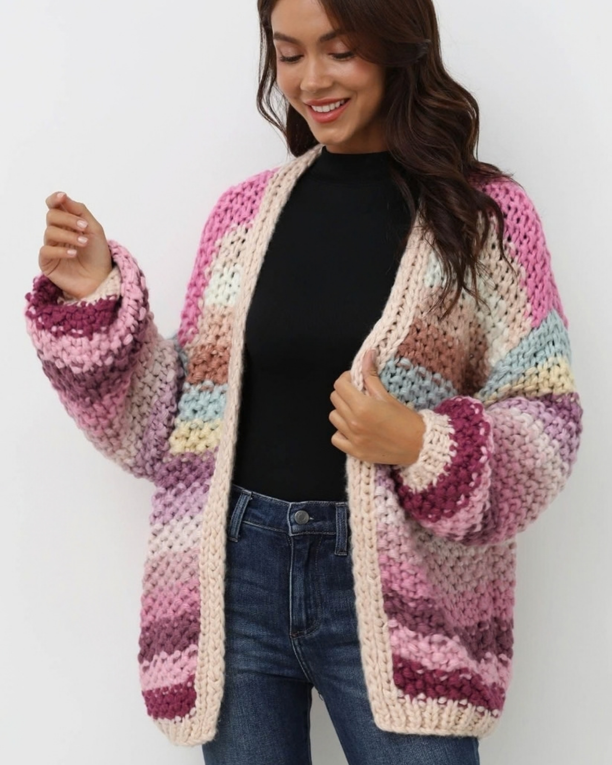 Women's Multicolor Striped Open-Front Crochet Cardigan