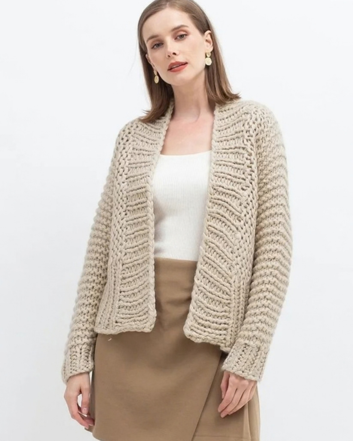 Women's Oatmeal Chunky Crochet Open-Front Cardigan