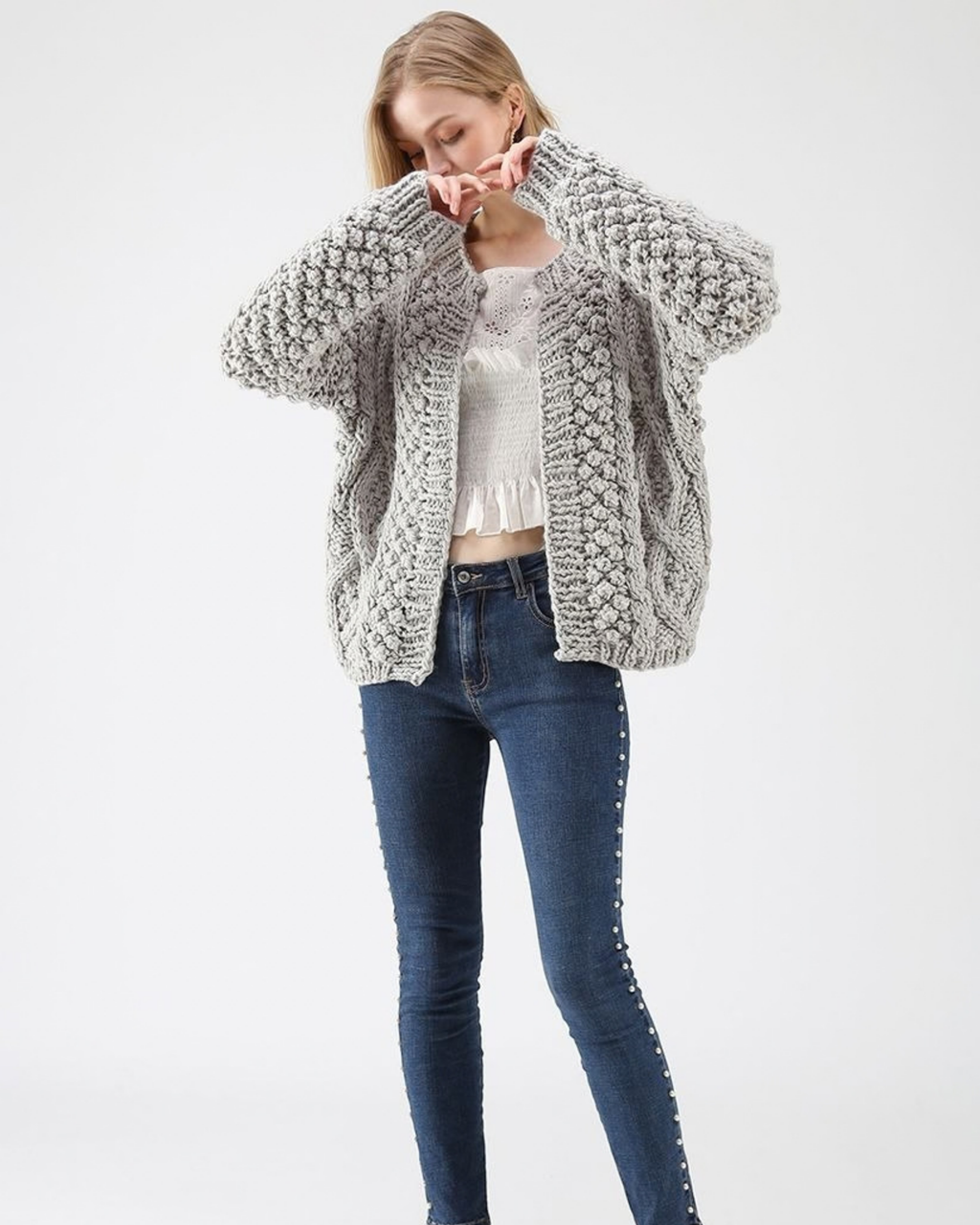 Women's Grey Cable and Popcorn Crochet Open-Front Cardigan