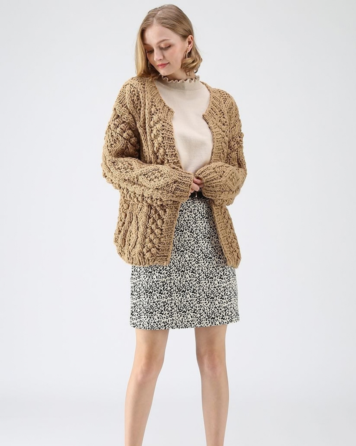 Women's Camel Cable and Popcorn Crochet Open-Front Cardigan