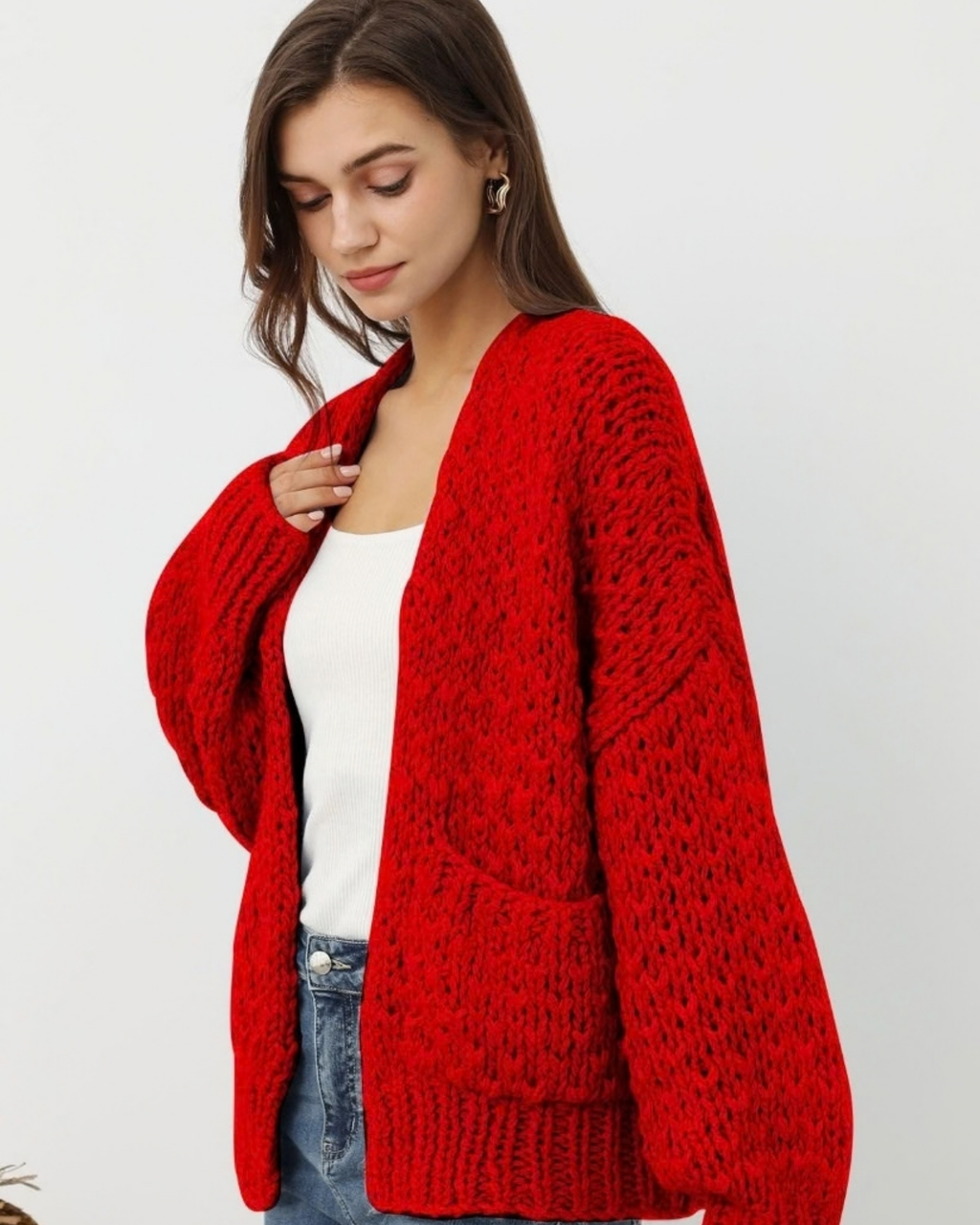 Women's Red Chunky Crochet Open-Front Cardigan with Pockets