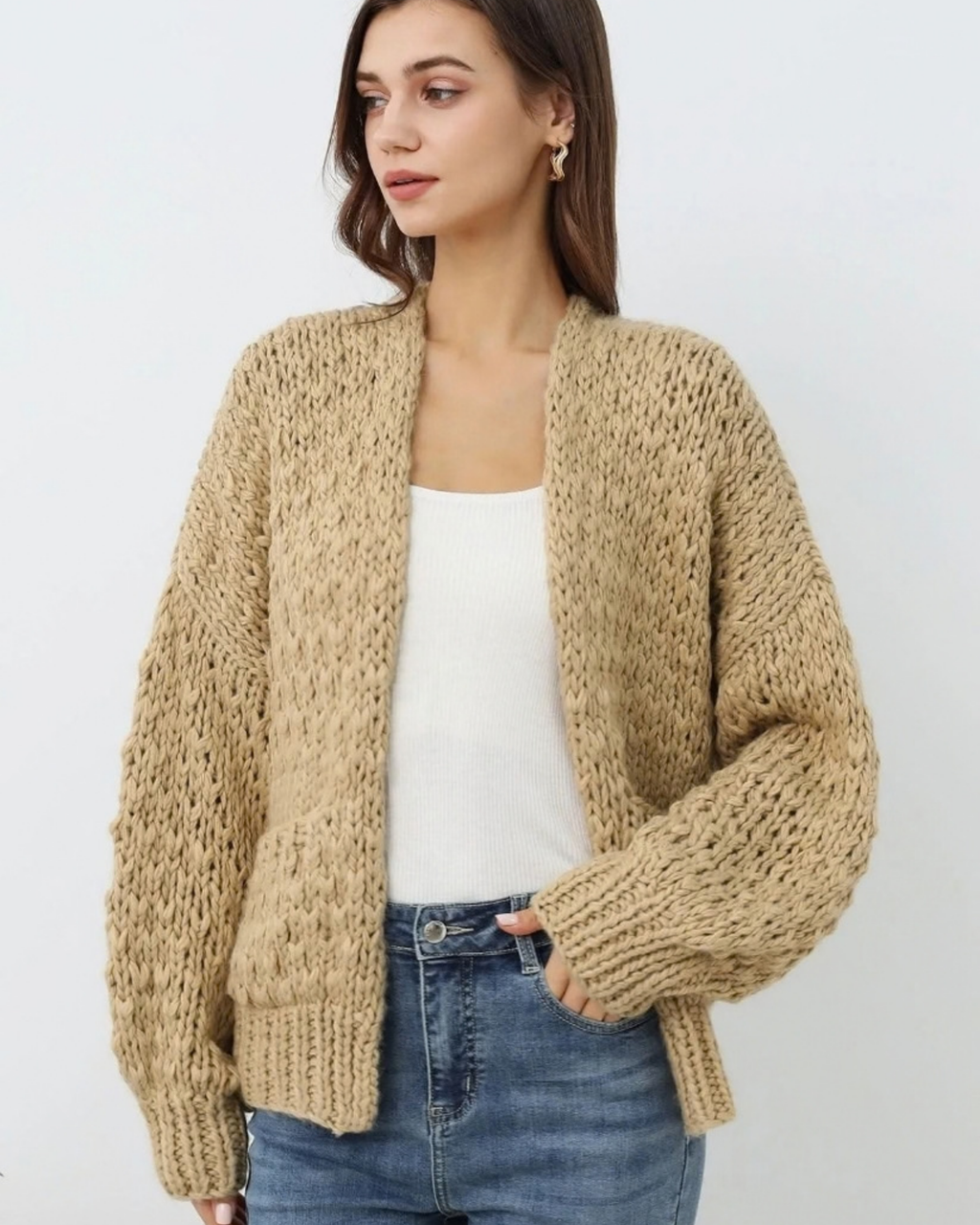 Women's Sand Beige Textured Crochet Cardigan with Pockets