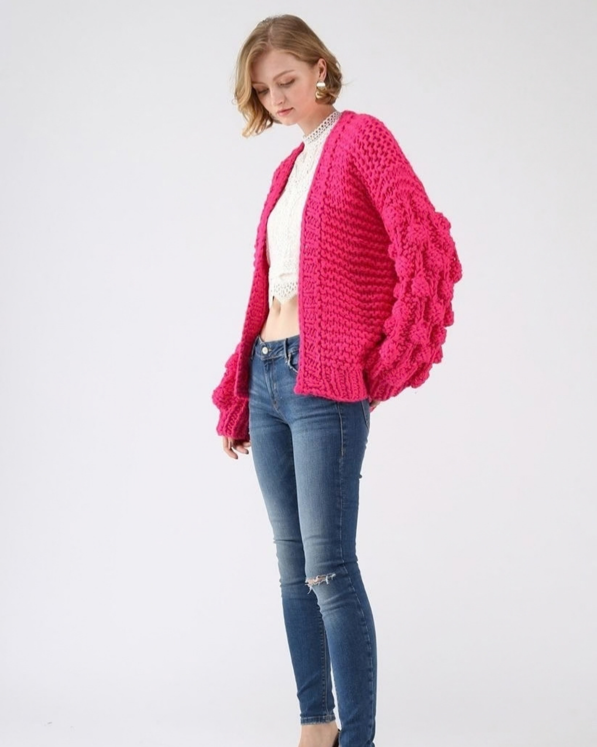 Women's Hot Pink Bobble Sleeve Chunky Crochet Cardigan