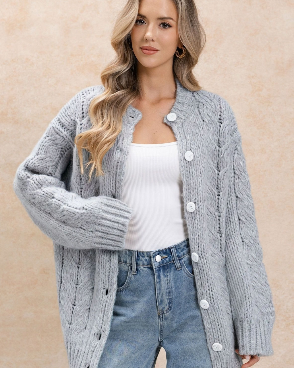 Women's Heather Grey Cable Crochet Button-Front Cardigan