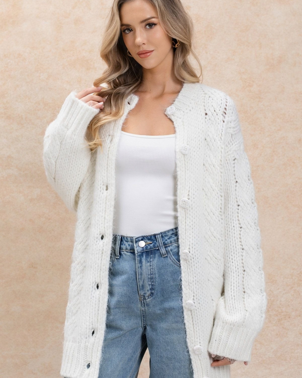 Women's White Cable Crochet Button-Front Cardigan