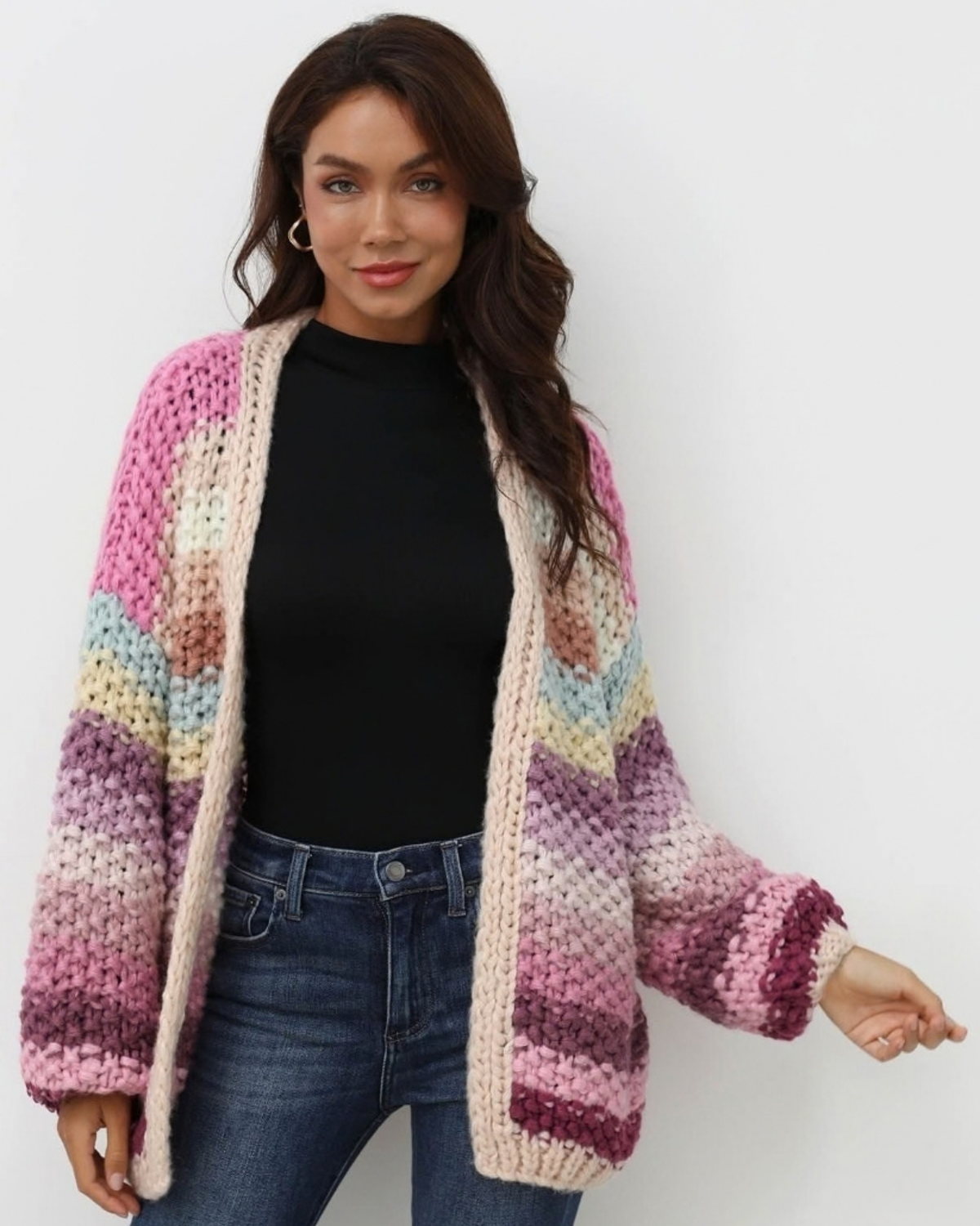 Women's Multicolor Striped Open-Front Crochet Cardigan