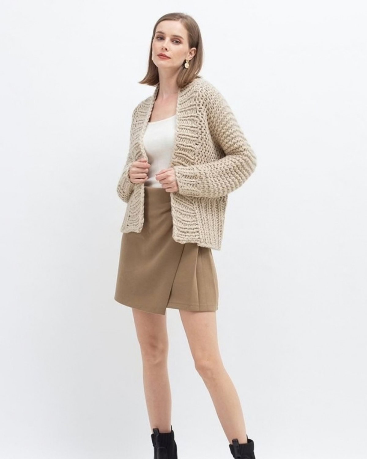 Women's Oatmeal Chunky Crochet Open-Front Cardigan