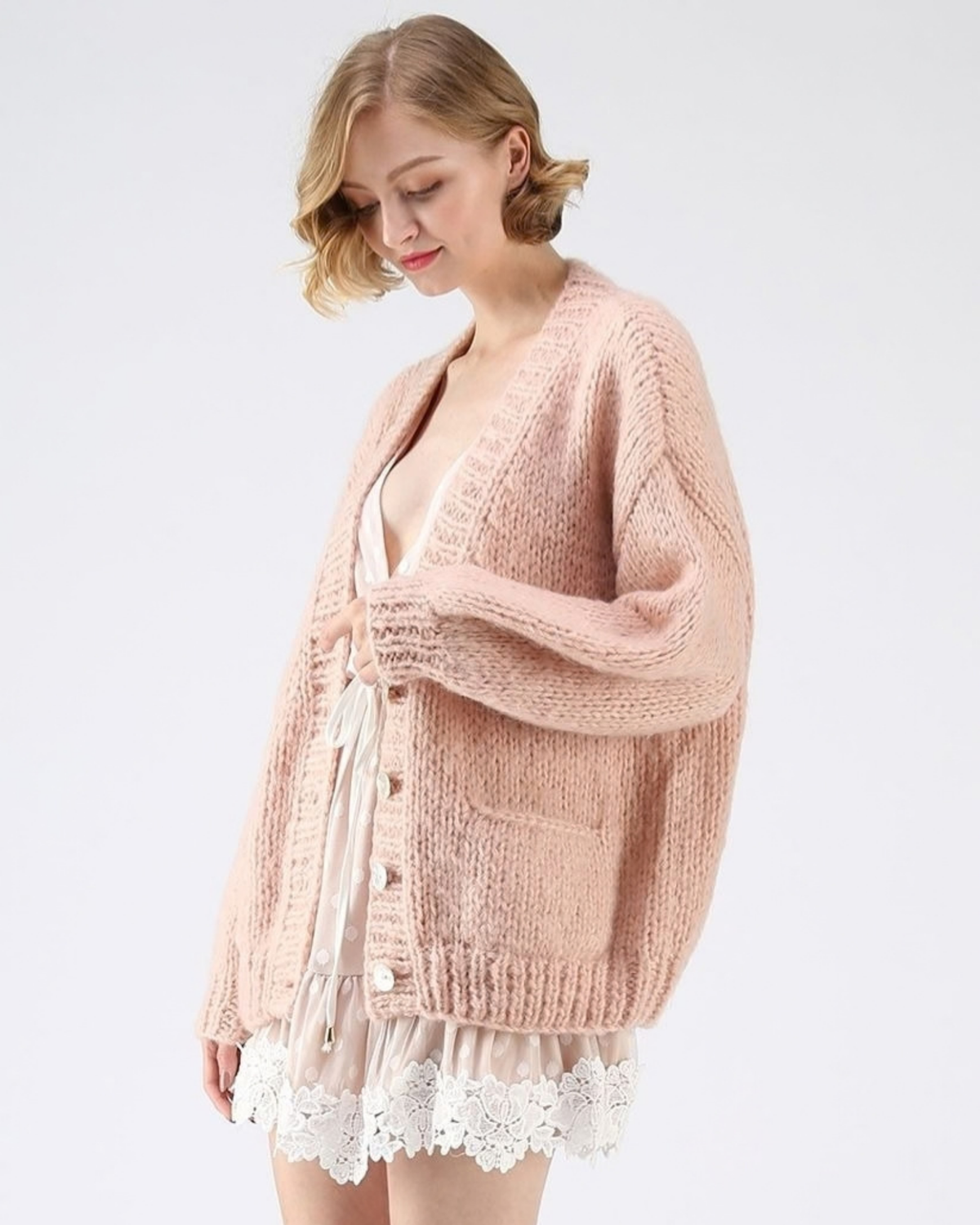 Women's Blush Pink V-Neck Button Crochet Cardigan with Pockets