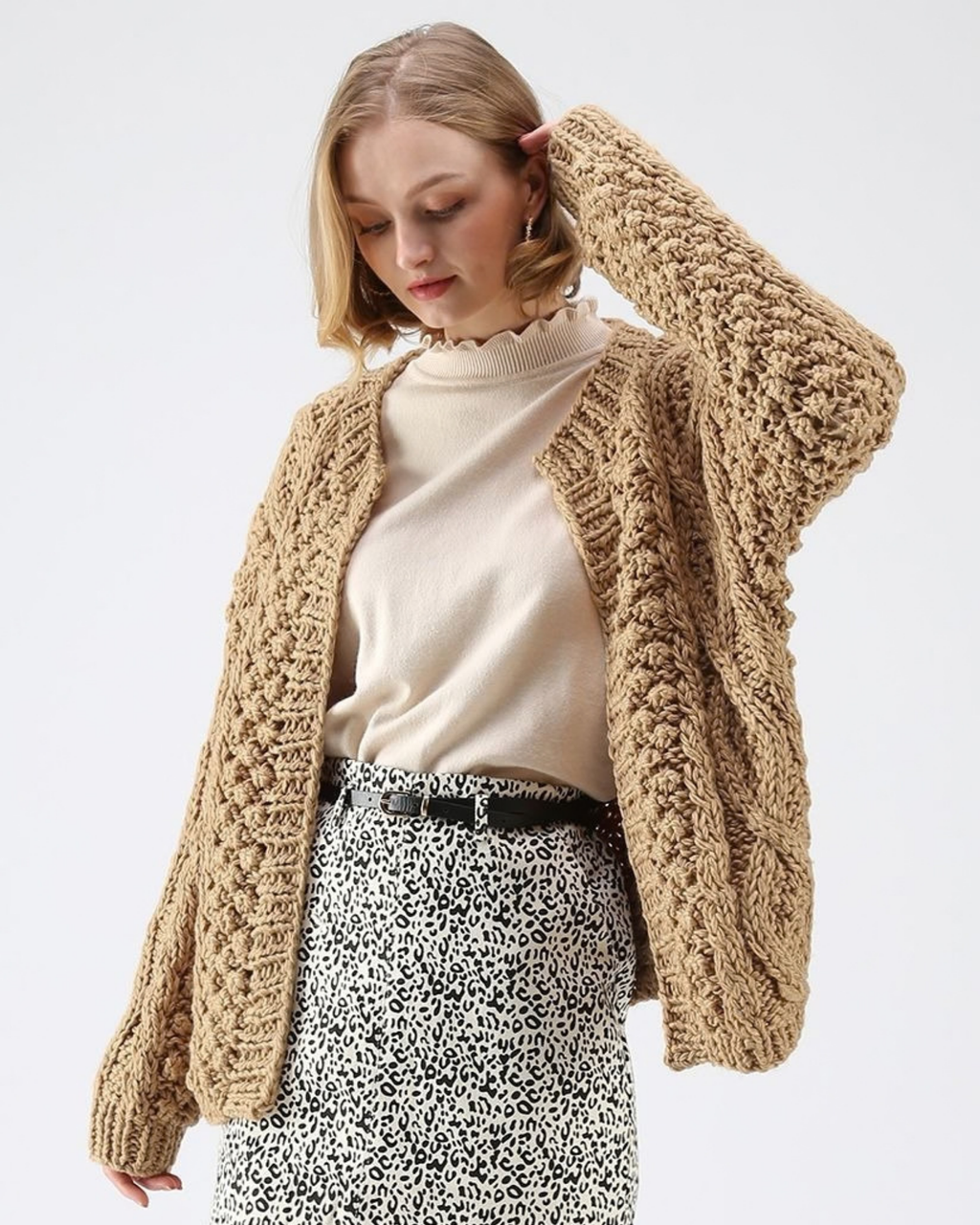 Women's Camel Cable and Popcorn Crochet Open-Front Cardigan