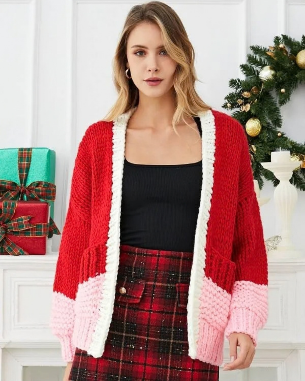 Women's Red and Pink Colorblock V-Neck Chunky Crochet Cardigan with Pockets