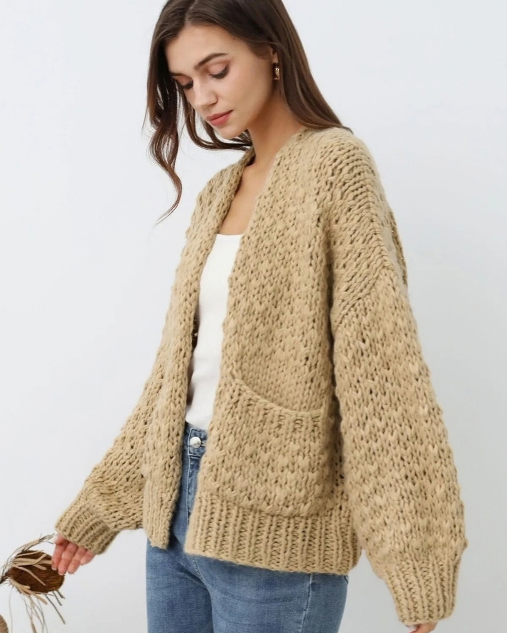 Women's Sand Beige Textured Crochet Cardigan with Pockets