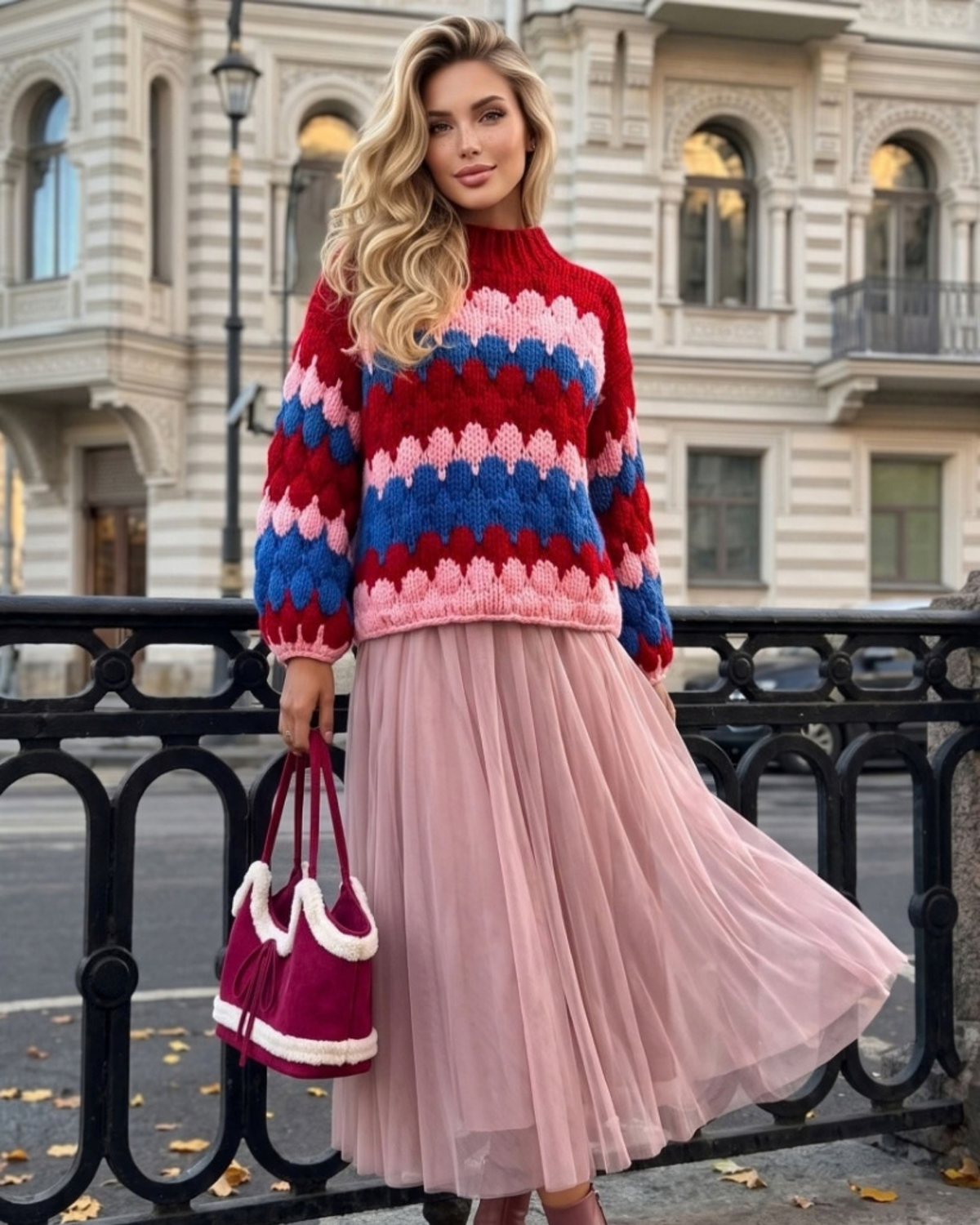 Women's Red, Blue and Pink Striped Chunky Crochet Sweater