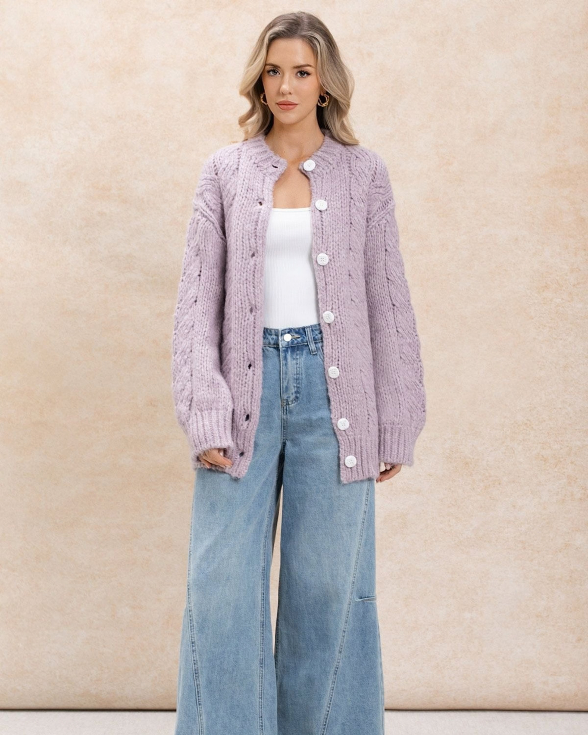Women's Lilac Cable Crochet Button-Front Cardigan