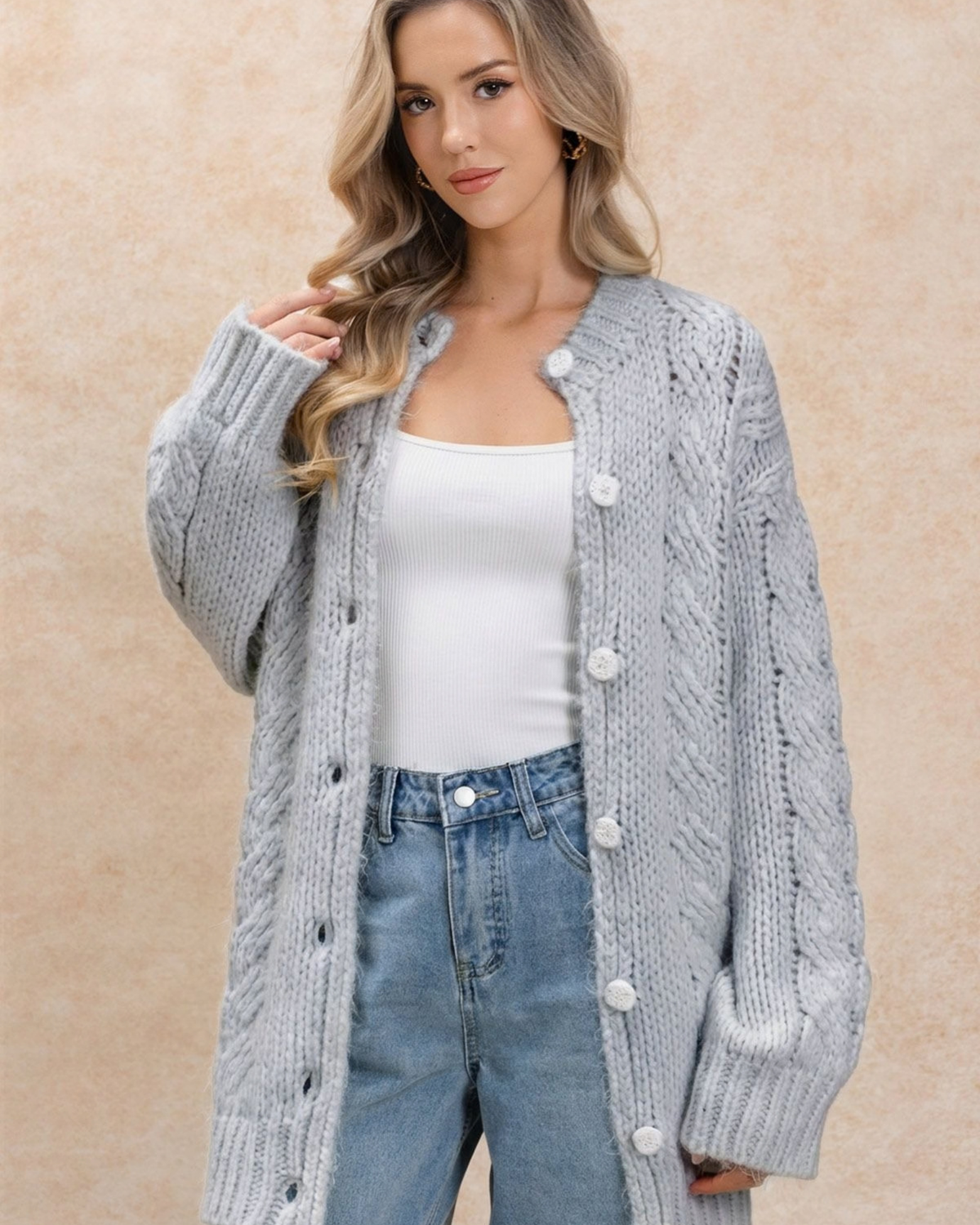 Women's Heather Grey Cable Crochet Button-Front Cardigan