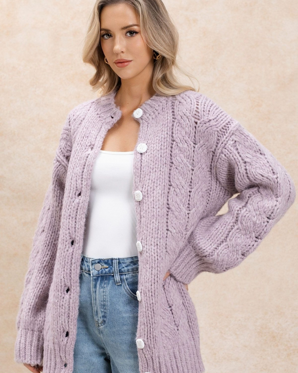 Women's Lilac Cable Crochet Button-Front Cardigan