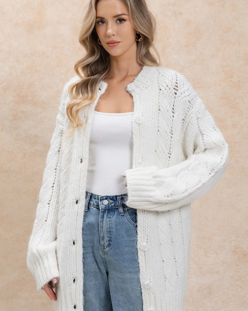Women's White Cable Crochet Button-Front Cardigan