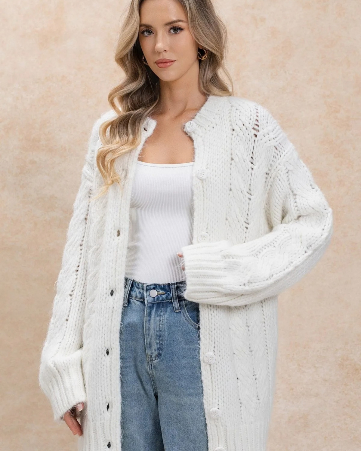 Women's White Cable Crochet Button-Front Cardigan