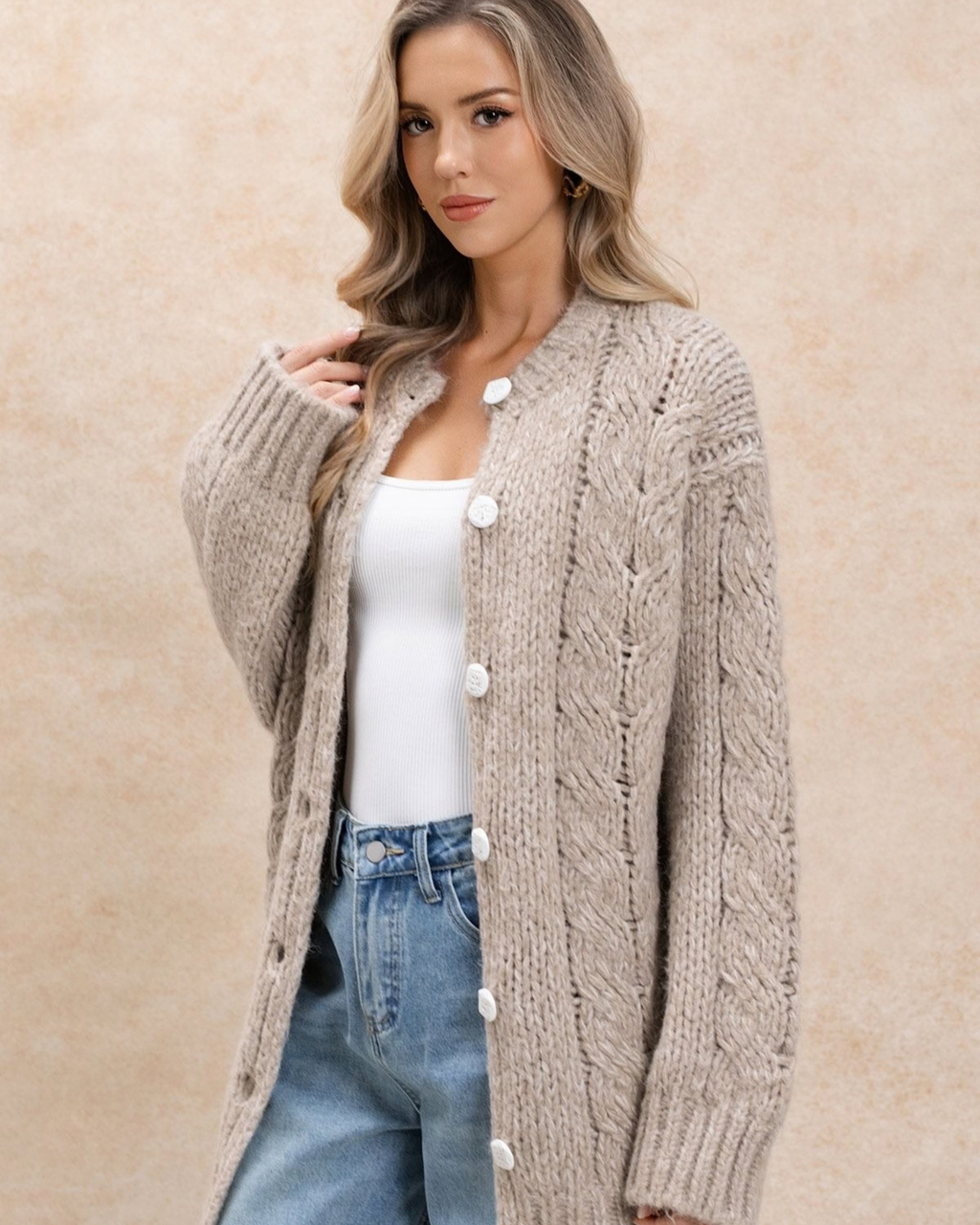 Women's Taupe Cable Crochet Button-Front Cardigan