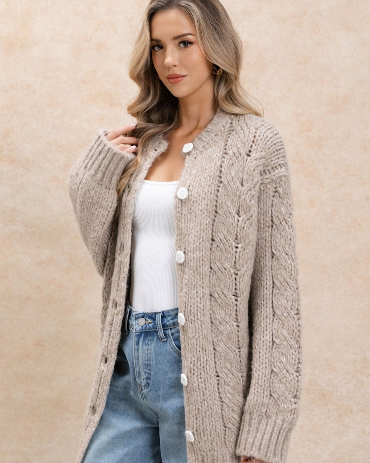 Women's Taupe Cable Crochet Button-Front Cardigan